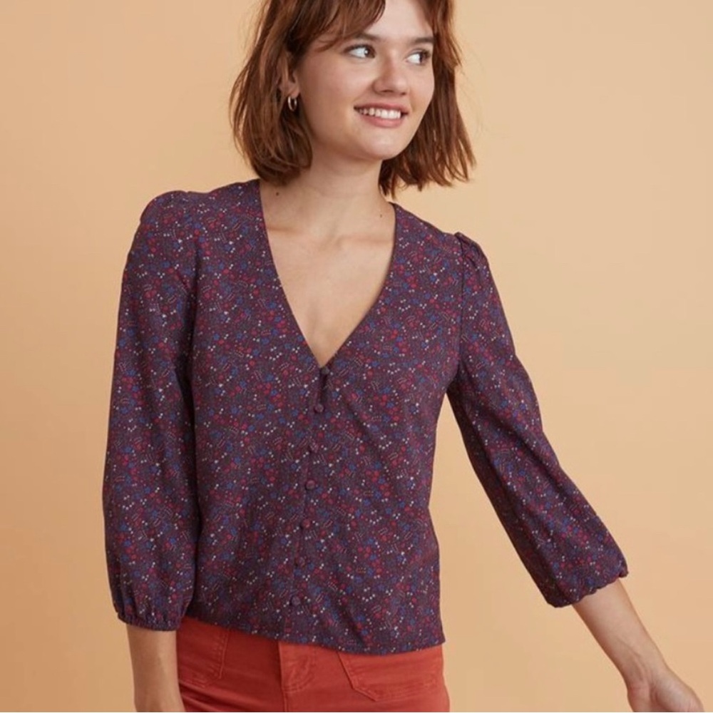 Marine Layer Purple Stacy Floral V-Neck Blouse